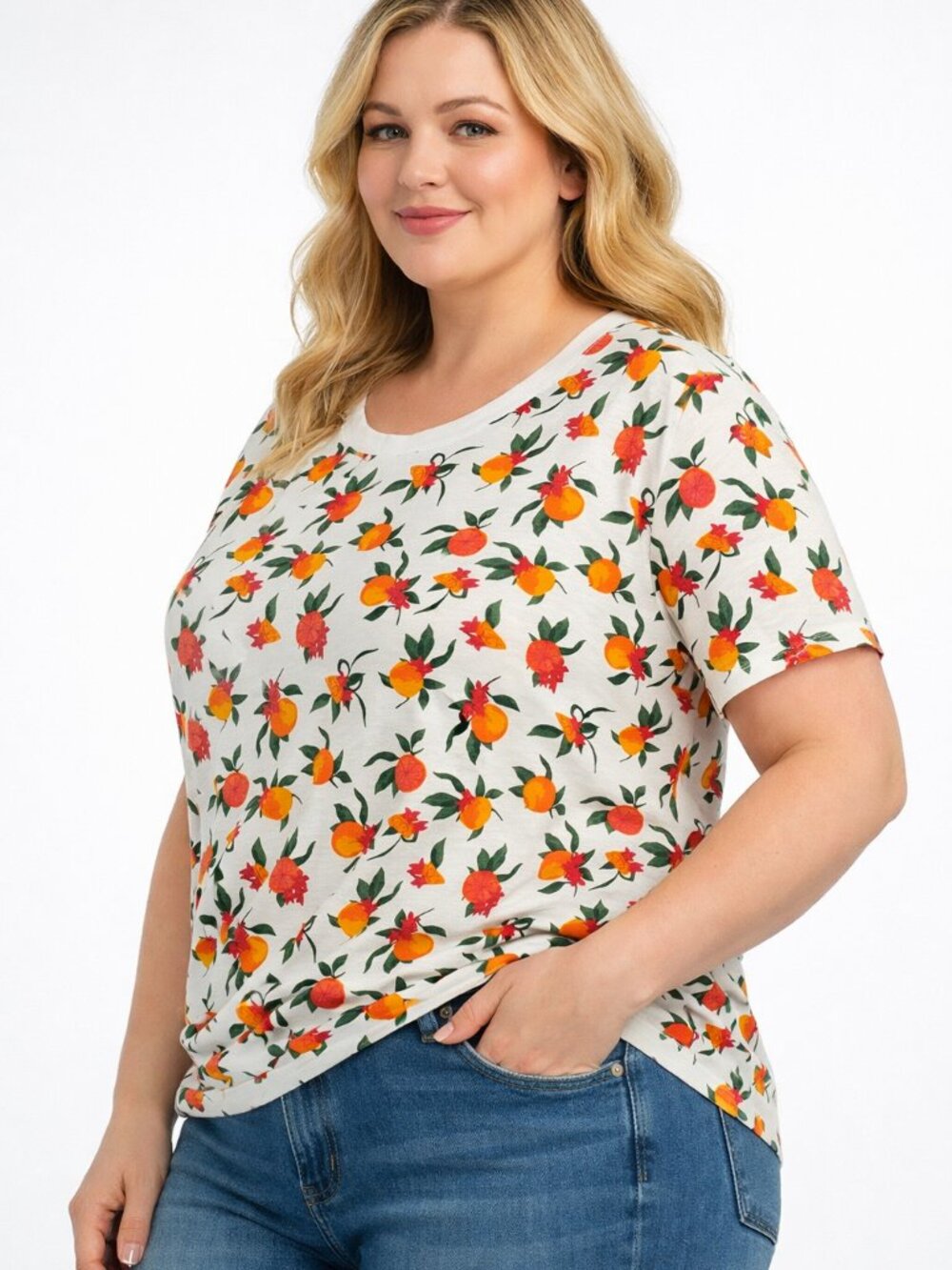 Dip White Short Sleeve Tee with Orange, Pink & Green Fruit Print